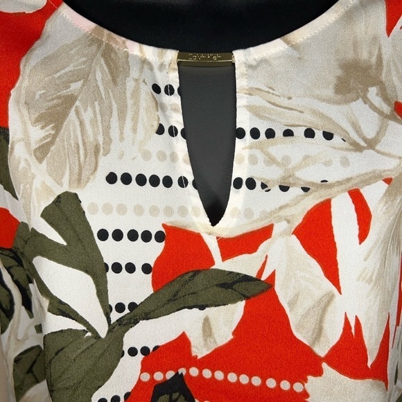 MEDIUM CALVIN KLEIN TROPICAL PRINT SHORT SLEEVE BLOUSE BEIGE RED GREEN LEAF - Picture 2 of 12
